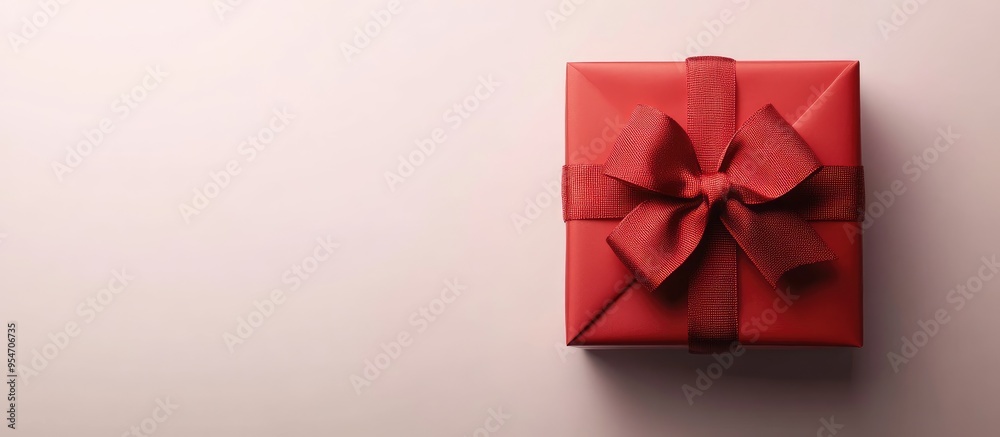 Poster red gift box with bows set against a white background with ample copy space