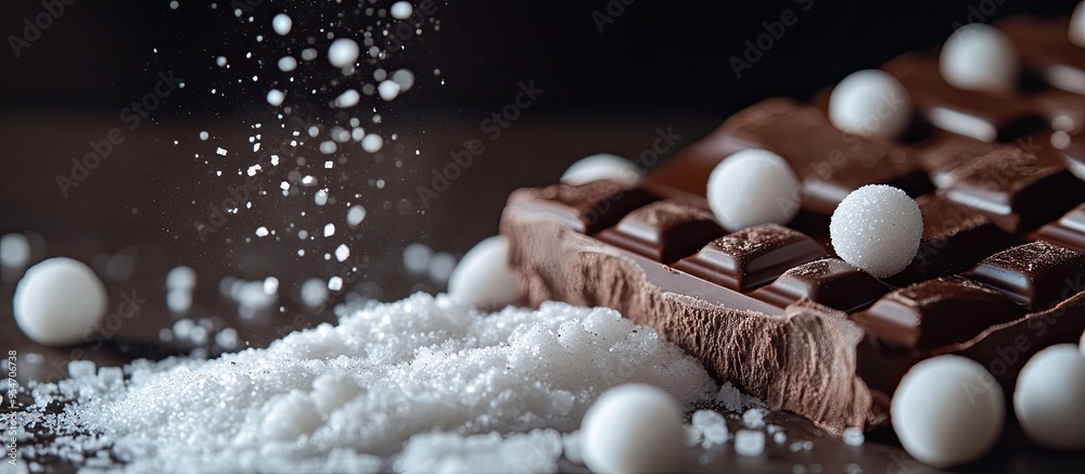 Aufkleber Sugar powder and sugar balls along with a Belgian dark chocolate bar. with copy space image. Place for adding text or design
