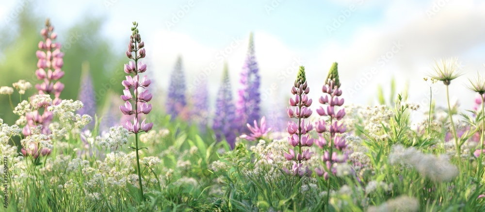 Poster purple and pink lupin and queen anne s lace blooms in a lovely meadow. with copy space image. place 