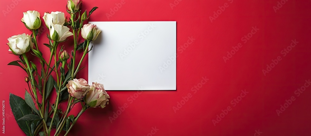 Poster a blank card featuring fresh flowers against a red background. with copy space image. place for addi