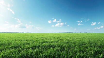 Fototapeta premium Beautiful natural scenic panorama green field of cut grass into and blue sky with clouds on horizon. Perfect green lawn on summer sunny day with generative ai