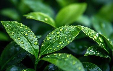 Visualize a closeup of exquisite tea leaves, showcasing their fine details, unique patterns, and lush green tones