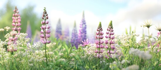 Obraz premium Purple and pink lupin and Queen Anne s lace blooms in a lovely meadow. with copy space image. Place for adding text or design