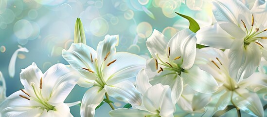Obraz premium beautiful floral backdrop Card featuring white lilies Spring themed background. with copy space image. Place for adding text or design