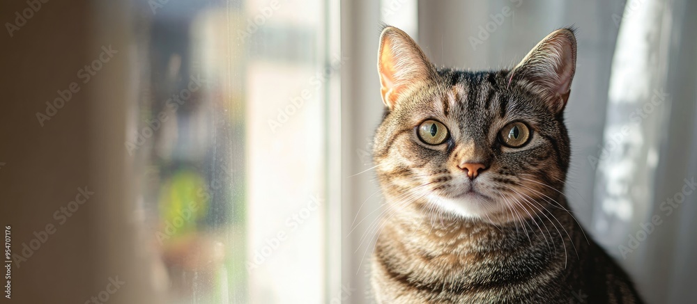 Aufkleber close up of a domestic tabby cat sitting by the window in the sunlight high quality photo. with copy