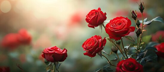 Fototapeta premium Red roses in a vintage style Roses blooming in the garden Beautiful red flowers in a retro design Copy space