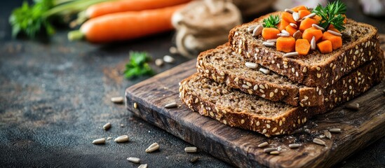 Sliced rye bread topped with vegetables carrots and sunflower seeds on a cutting board Rustic style Selective focus and copyspace
