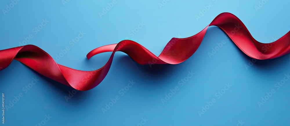 Fototapete red ribbon curl on a blue background a suitable option for a holiday card or text background such as