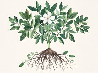 Detailed Botanical of a Flourishing Plant with Roots,Stems,Leaves,and Flowers