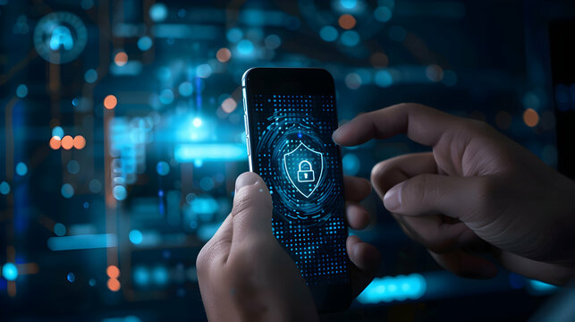 Cybersecurity and privacy to protect data. Businessman use smartphone with cyber security technology for protecting personal data and secure internet access.