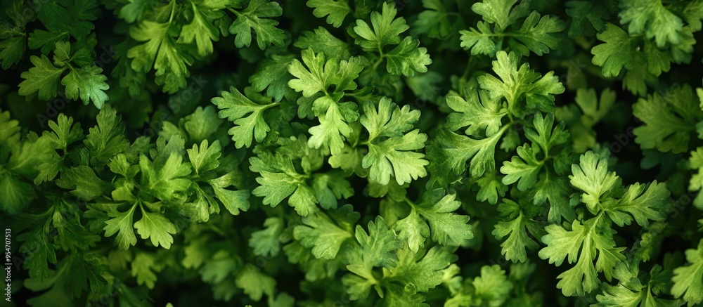 Aufkleber top view of a fresh coriander herb plant cultivating your own herbs at home. with copy space image. 