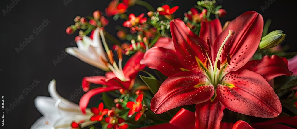 Aufkleber bouquet of lilies of the valley with a red bow set against a red background top view copy space