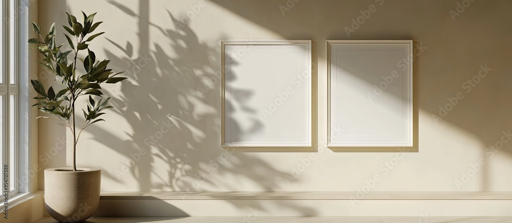 Leinwandbilder Photo frame mockup displayed on a wall with a shadow Minimalist backdrop Empty picture frame mockup in a living room setting. with copy space image. Place for adding text or design