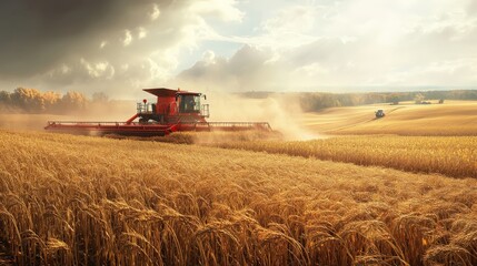 Naklejka premium A harvester working in a golden wheat field during sunset with dramatic clouds, capturing the essence of agriculture and farmland.