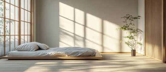 Obraz premium A minimal bedroom interior featuring just a single bed and a ray of light streaming in The floor is wooden and the bed is low reflecting a Japanese style. with copy space image