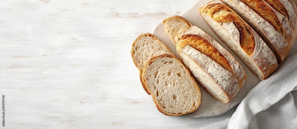Poster freshly sliced sourdough bread on a white wooden table room for text. with copy space image. place f
