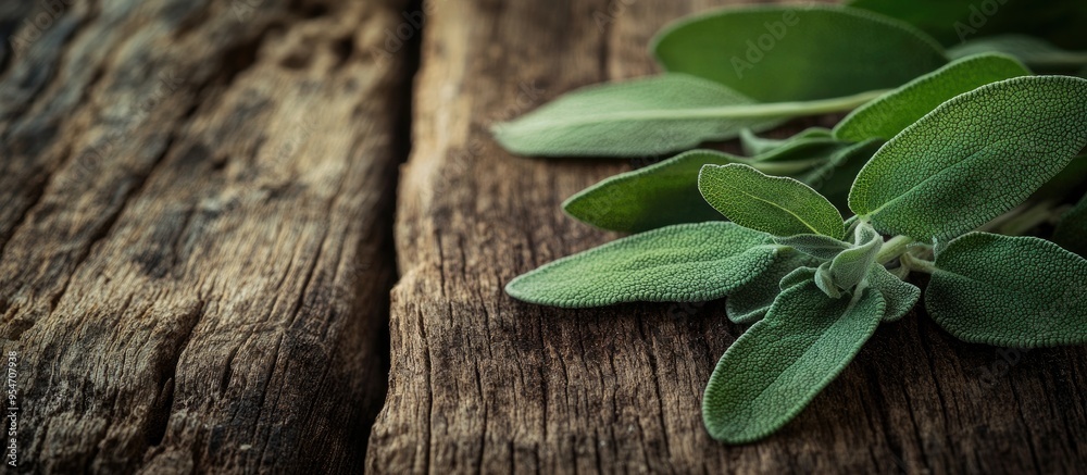 Aufkleber sage fresh spice leaves on aged wood macro. with copy space image. place for adding text or design
