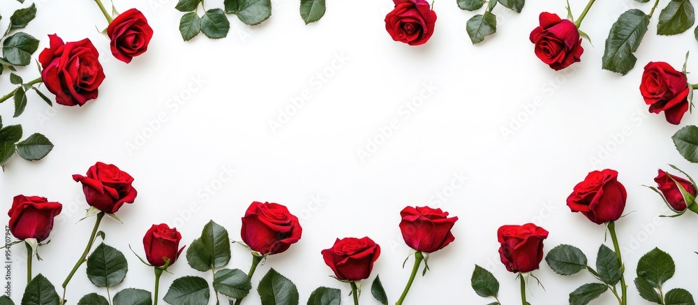 Aufkleber red rose flowers create a framed composition on a white background from a top view with copy space t