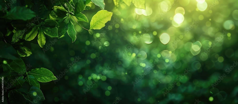 Aufkleber Abstract blurred nature backdrop with bokeh for creative designs Out of focus green leaves bokeh background from a forest setting. with copy space image. Place for adding text or design