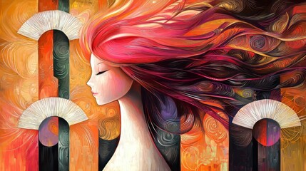 A stylized woman with flowing, multicolored hair and closed eyes is set against an abstract orange and black background, featuring fan-like shapes and intricate swirls. Ai generative.