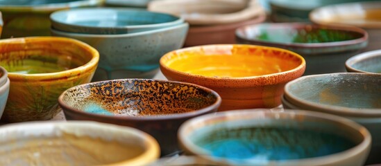 Traditional handcrafted ceramics on a bright stone background with a soft focus Copyspace available