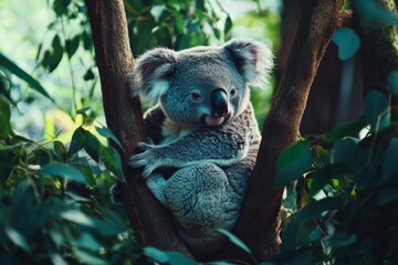Fototapeta premium A cute koala sits comfortably in a lush green tree. Its fur is soft and fluffy, blending perfectly with the foliage. This image captures wildlife in a serene setting. Generative AI
