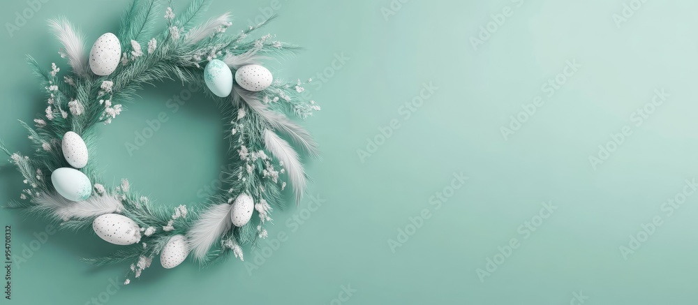 Fototapete lovely easter wreath adorned with eggs and feathers on a green wall. with copy space image. place fo