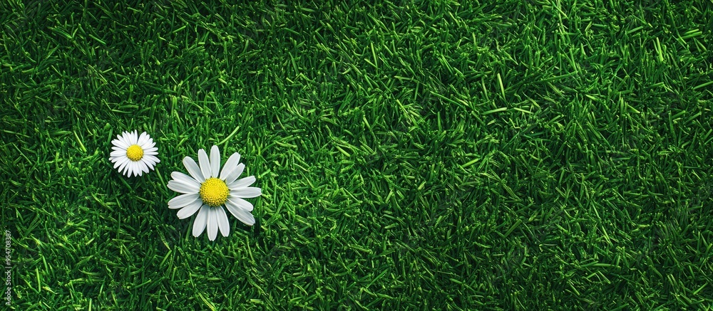 Aufkleber One chamomile flower and a daisy on a backdrop of green grass Top view close up. with copy space image. Place for adding text or design