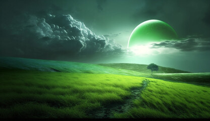 A tree stands alone in a grassy field under the night sky