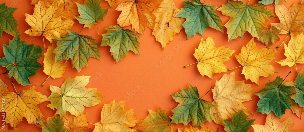 Leinwandbilder Golden autumn theme A pattern of yellow green and orange maple leaves on a coral background Top view Fall colors. with copy space image. Place for adding text or design