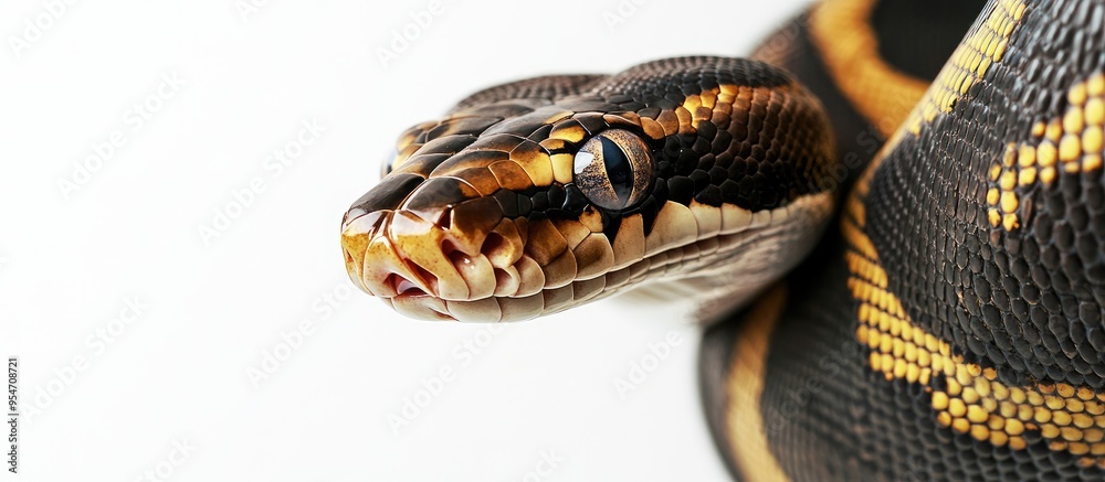 Fototapete Tiger ball python Python regius set against a white background. with copy space image. Place for adding text or design