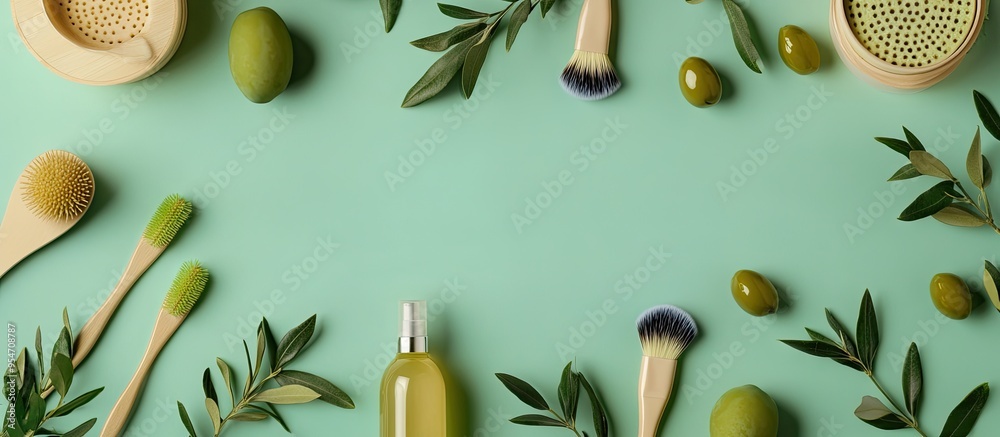 Poster arrangement featuring natural cosmetic products massage brushes green olives and branches against a 