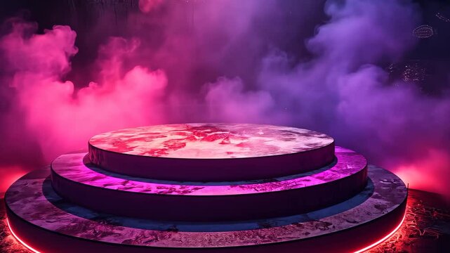 Circular podium with neon lights and pink smoke ambiance, futuristic presentation concept