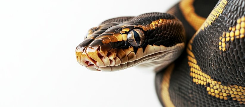Tiger ball python Python regius set against a white background. with copy space image. Place for adding text or design