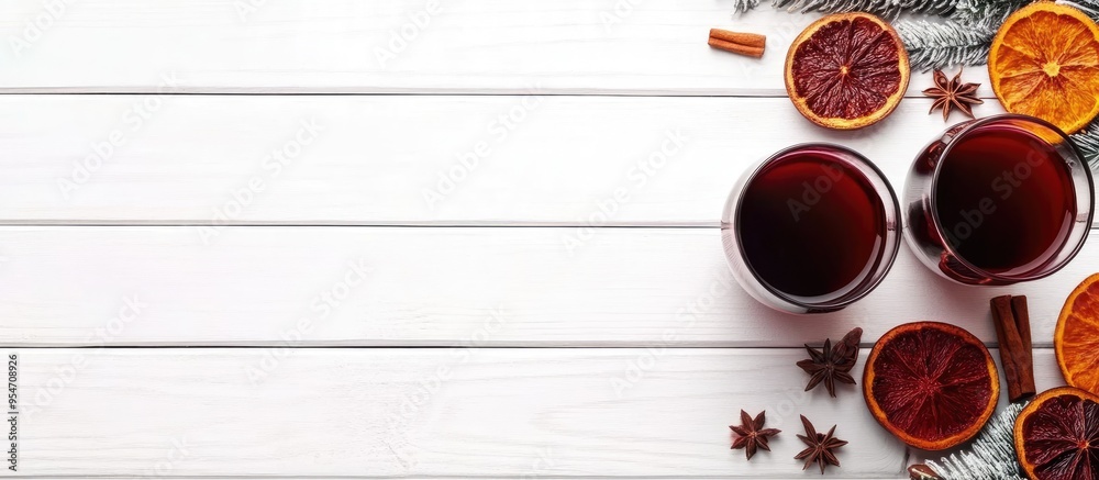 Sticker spiced mulled wine on a white wooden table top view copy space