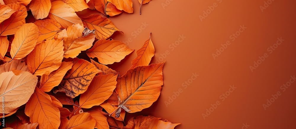 Poster Autumn flat lay arrangement featuring a postcard mockup and dried leaves against a vibrant orange background Creative concepts for autumn Thanksgiving fall and Halloween Top view copy space