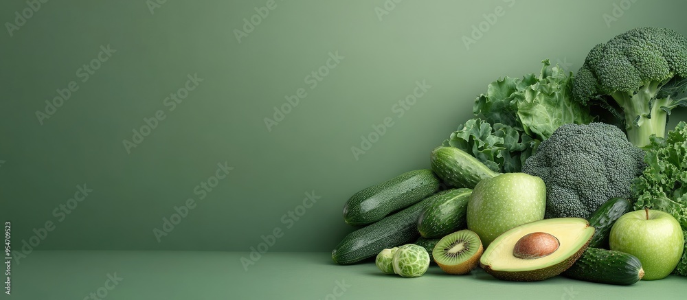 Poster creative food layout featuring green fruits and vegetables on a green background flat lay avocado ka