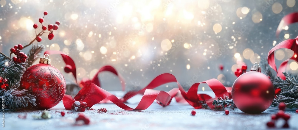 Poster New year greeting backdrop featuring red ribbons and ornaments. with copy space image. Place for adding text or design