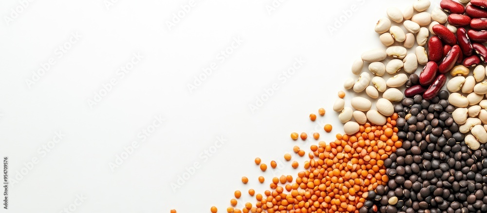 Poster Pulses arranged from above on a white background with space for text Red kidney pinto and black beans lentils chickpeas soybeans and black eyed peas create a frame. with copy space image
