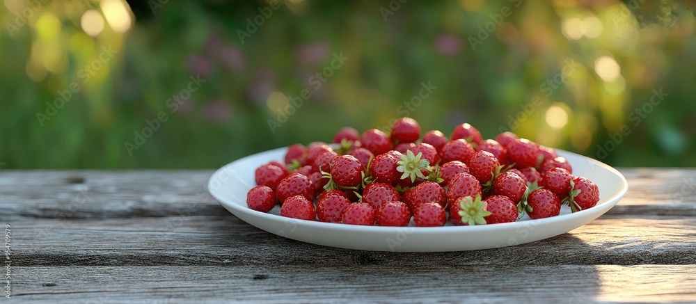 Leinwandbilder ripe red wild strawberries on a plate on a wooden table outside. with copy space image. place for ad