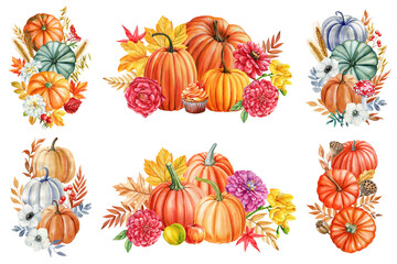 Pumpkin, flowers, leaves isolated white background, watercolor botanical illustration hand drawing autumn poster, card