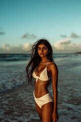 Obraz premium A young woman of South Asian ethnicity enjoys a tropical beach sunset, embodying the essence of summer vacation relaxation