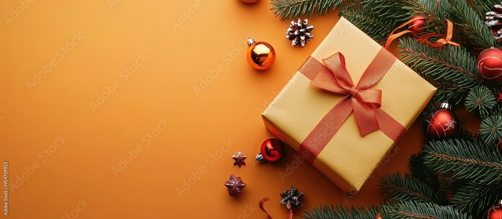 Poster top view flat lay of christmas decorations and a gift box on a colored background with copyspace a c
