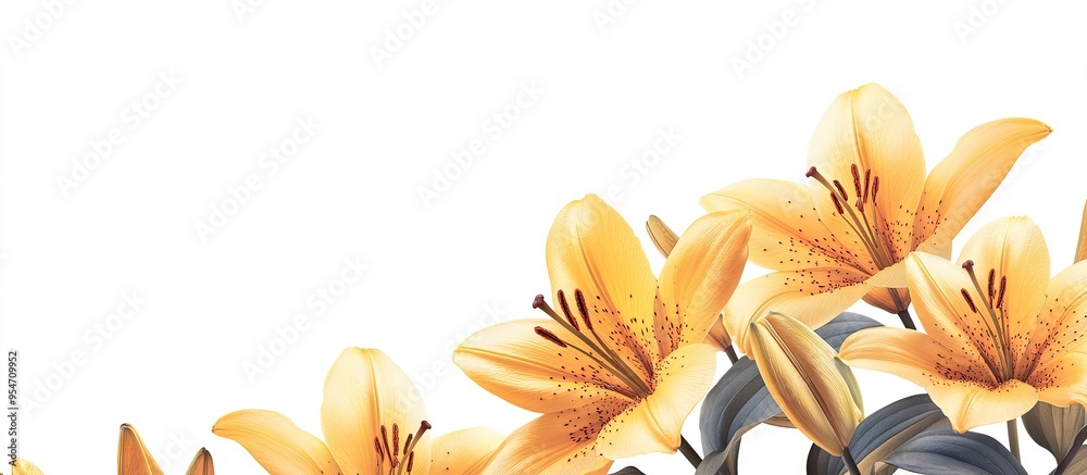 Poster lovely yellow lilies against a white background. with copy space image. place for adding text or des