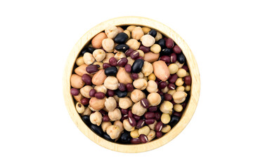 5 kinds of dried beans, legumes, in wooden container, isolated on white background, stack , top view, flat lay.