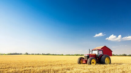 Obraz premium A red tractor working in a golden wheat field under a clear blue sky, showcasing rural agriculture and farming scenery.