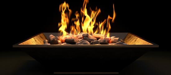 The interior of a fire bowl features white hot coals and yellow flickering flames contained within a square black metal structure. with copy space image. Place for adding text or design
