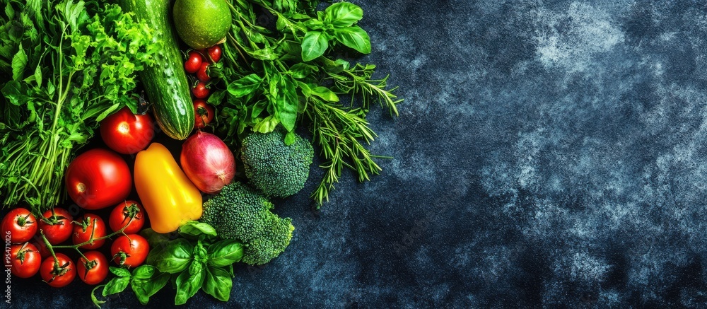 Poster start diet today arrangement of organic food fresh raw vegetables and herbs. with copy space image. 