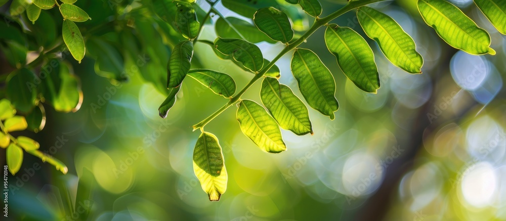 Fototapete close up of tamarind tree foliage in the morning. with copy space image. place for adding text or de