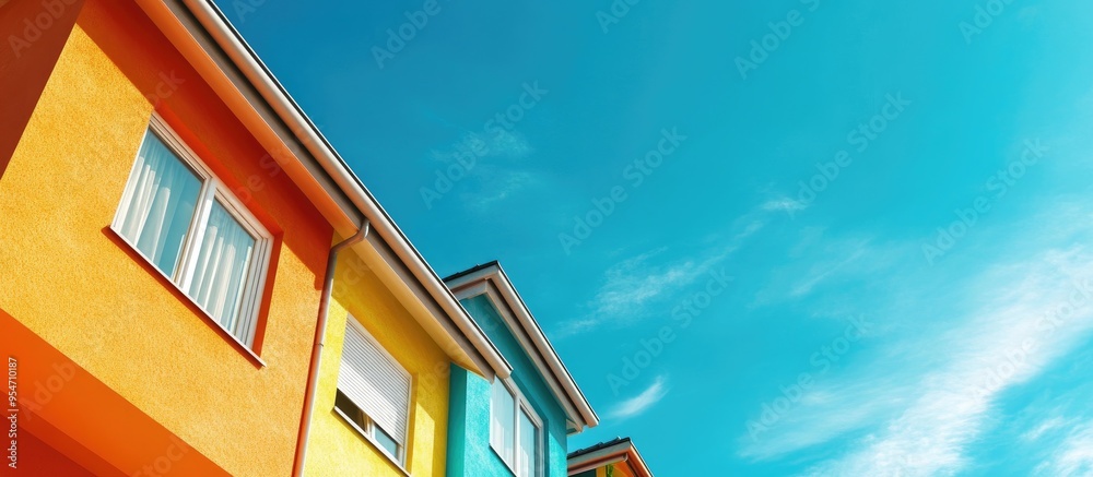 Poster a section of a vibrant house exterior against a blue sky. with copy space image. place for adding te